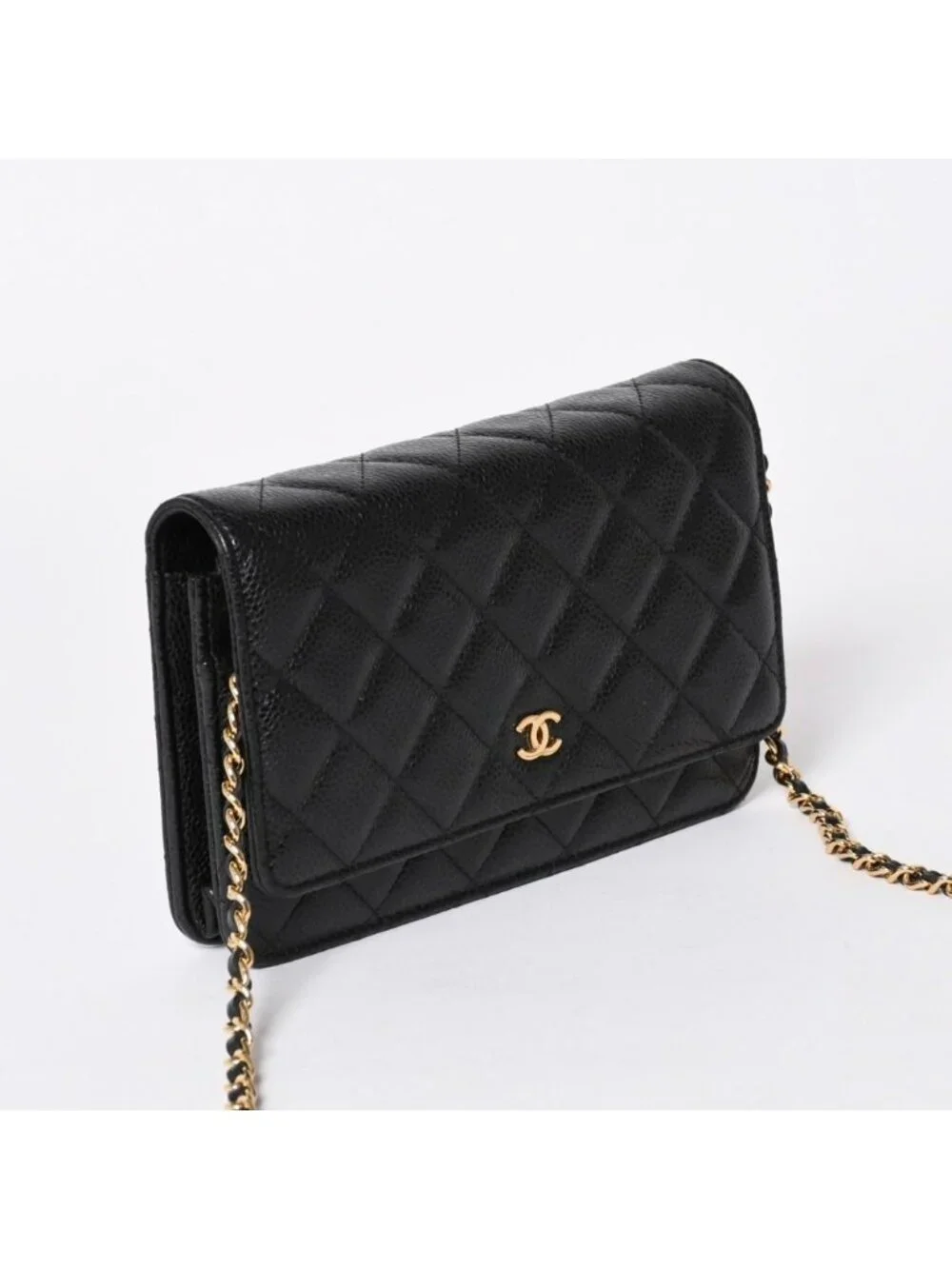 Chanel Chain Wallet CC Logo Caviar Leather Black Gold Shoulder Bag